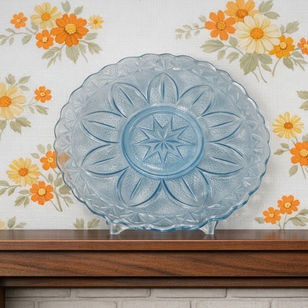 Princess House Heritage Blue Platter, Crystal Serving‎ Plate, Floral Kitchenware